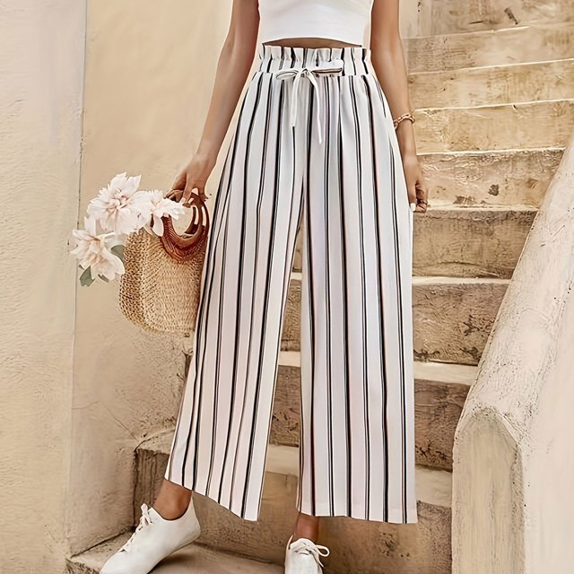 AherBiu Pantalon Grand pour Femmes Taille Haute à Cordon Rayé Décontracté Extérieur Tendance avec Poches