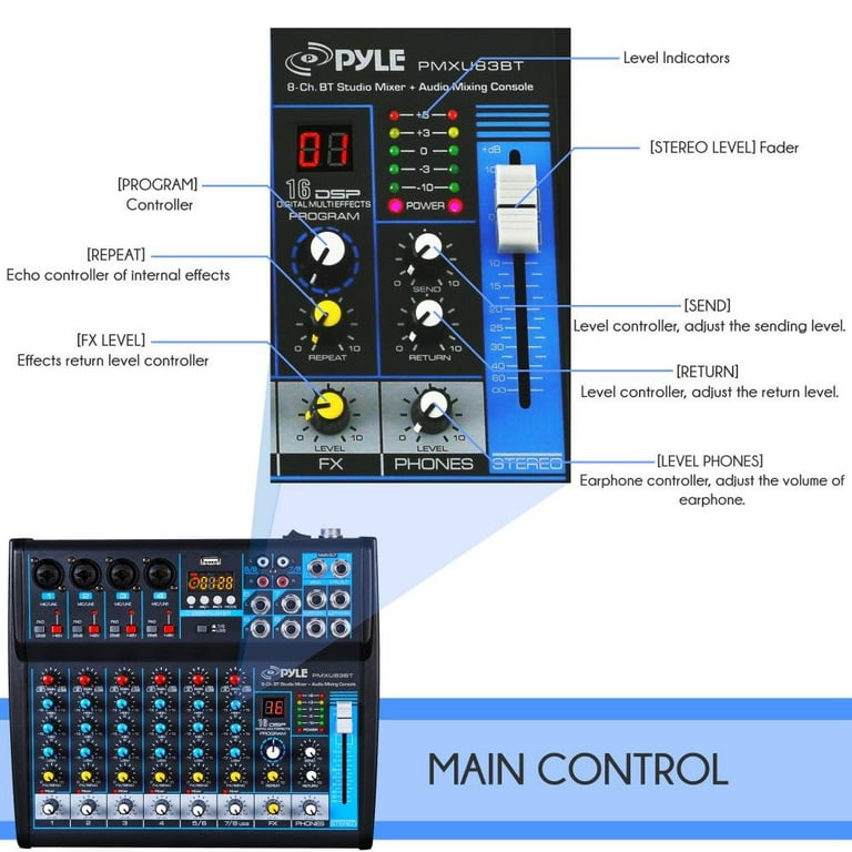 Professional Audio Mixer, Sound Board Console System, Interface 4 Channel  Digital USB Bluetooth MP3 Computer Input 48V Phantom Power Stereo DJ Studio  Streaming FX 16-Bit DSP Processor 