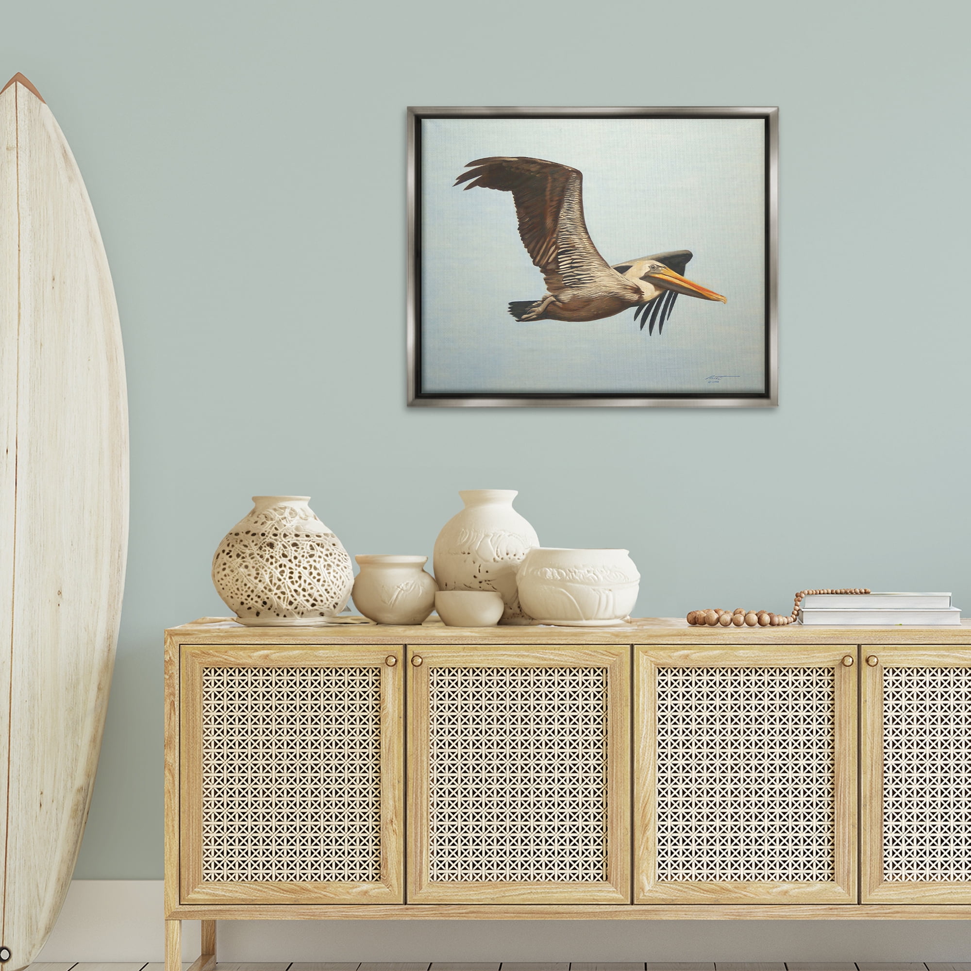 Stupell Industries Brown Pelican in Flight Animals & Insects Painting Gray Floater Framed Canvas Art Print Wall Art, 31 x 25