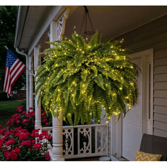 Pre‑Lit Oversized Fake Boston Fern Artificial Hanging Plant Realistic Lush Foliage for Porch Garden Living Room Courtyard Home Office Decoration