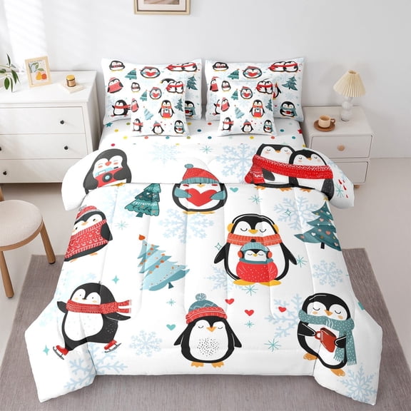 jejeloiu Cartoon Penguin Bedding Comforter Set 7-Piece,Christmas Tree King Bedding Sets,White Snowflake Bed Sheets For Girls Boys,Luxury Bedroom Decor Reversible