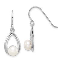 Primal Silver Sterling Silver Rhodium-plated 6-7mm White Button Freshwater Cultured Pearl Dangle Earrings