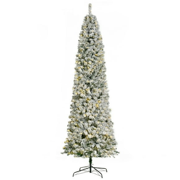 HOMCOM 9 Feet Prelit Artificial Snow Flocked Pencil Christmas Tree, Slim Xmas Tree with Warm White LED Light, Holiday Home Xmas Decoration, Green