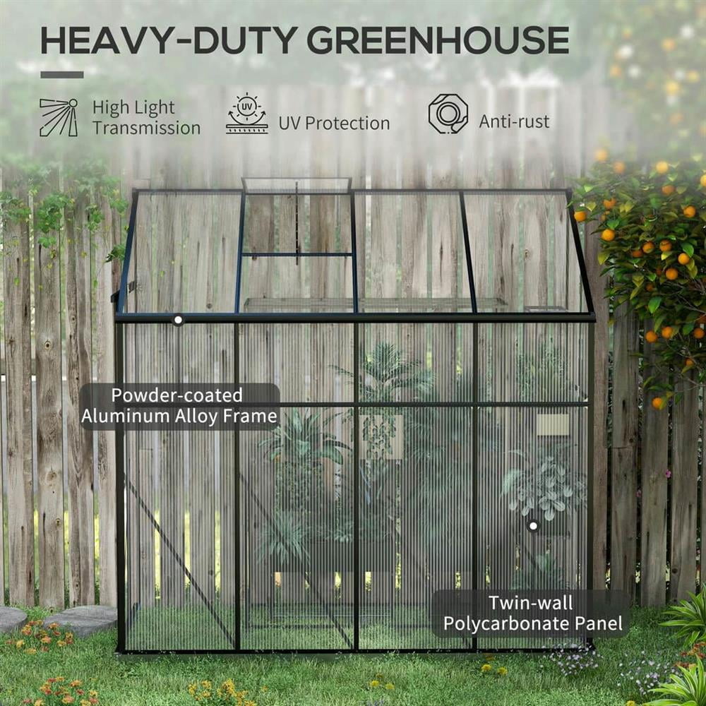 GVN Greenhouse for Outdoors, 8' x 4' Walk-in Polycarbonate Greenhouse, Lean-to Aluminum Green House with Rain Gutter and Foundation, Black