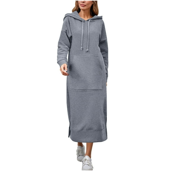 Homenesgenics Spring Dresses for Women 2026 Plus Size Trendy Women's Large Knitted Hoodie With Velvet Casual Dress Gray XL