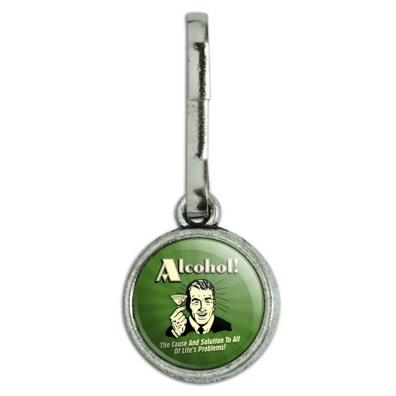 Alcohol The Cause and Solution to All of Life's Problems Funny Humor Antiqued Charm Clothes Purse Suitcase Backpack Zipper Pull Aid