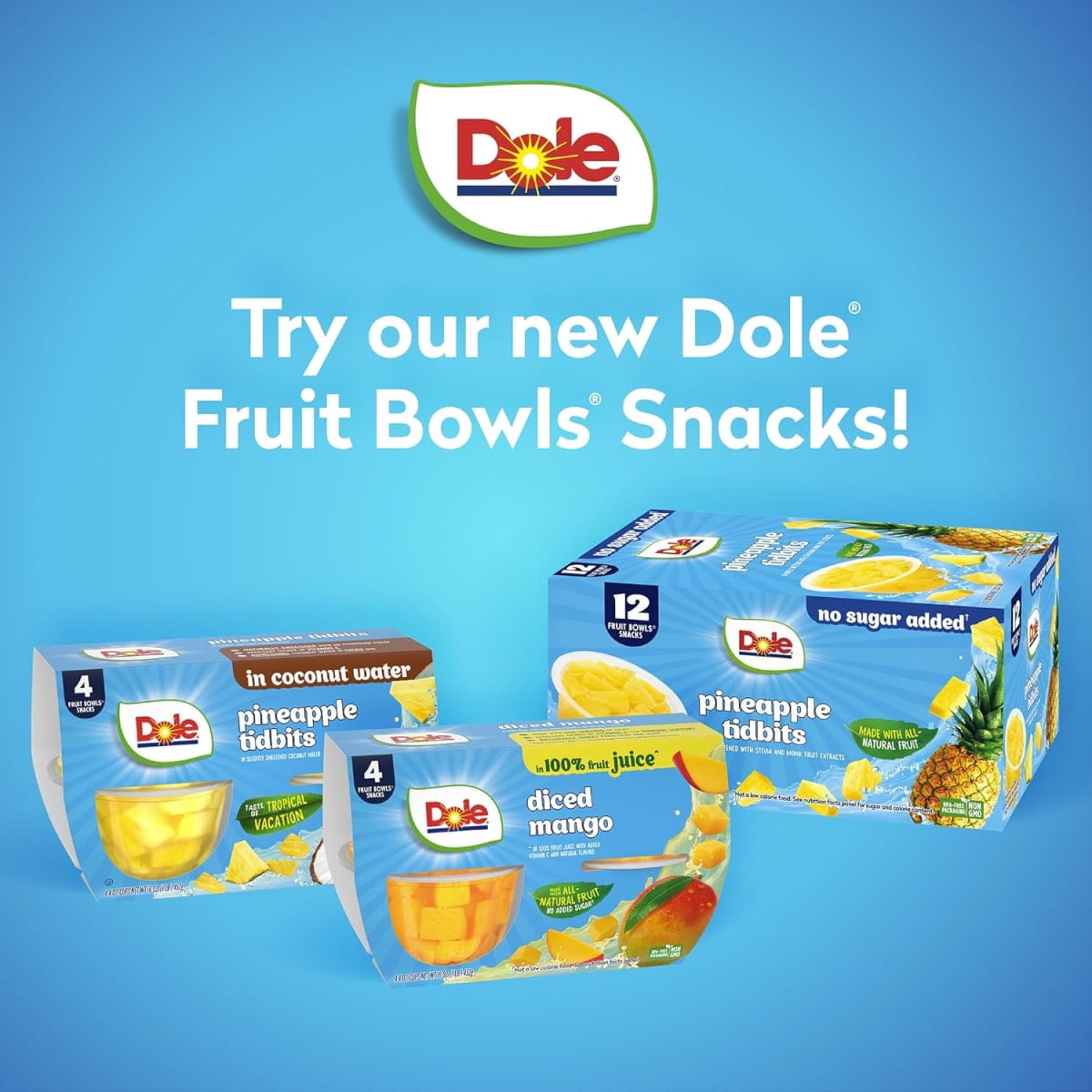 Dole Fruit Bowls No Sugar Added Pineapple Tidbits, 4 oz Cups (12 Pack)