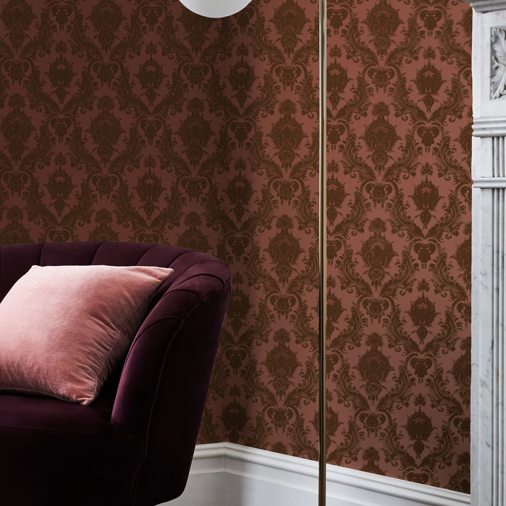 Tempaper Textured Damsel Metallic Red Peel and Stick Damask Wallpaper, 20.5" x 16.5'
