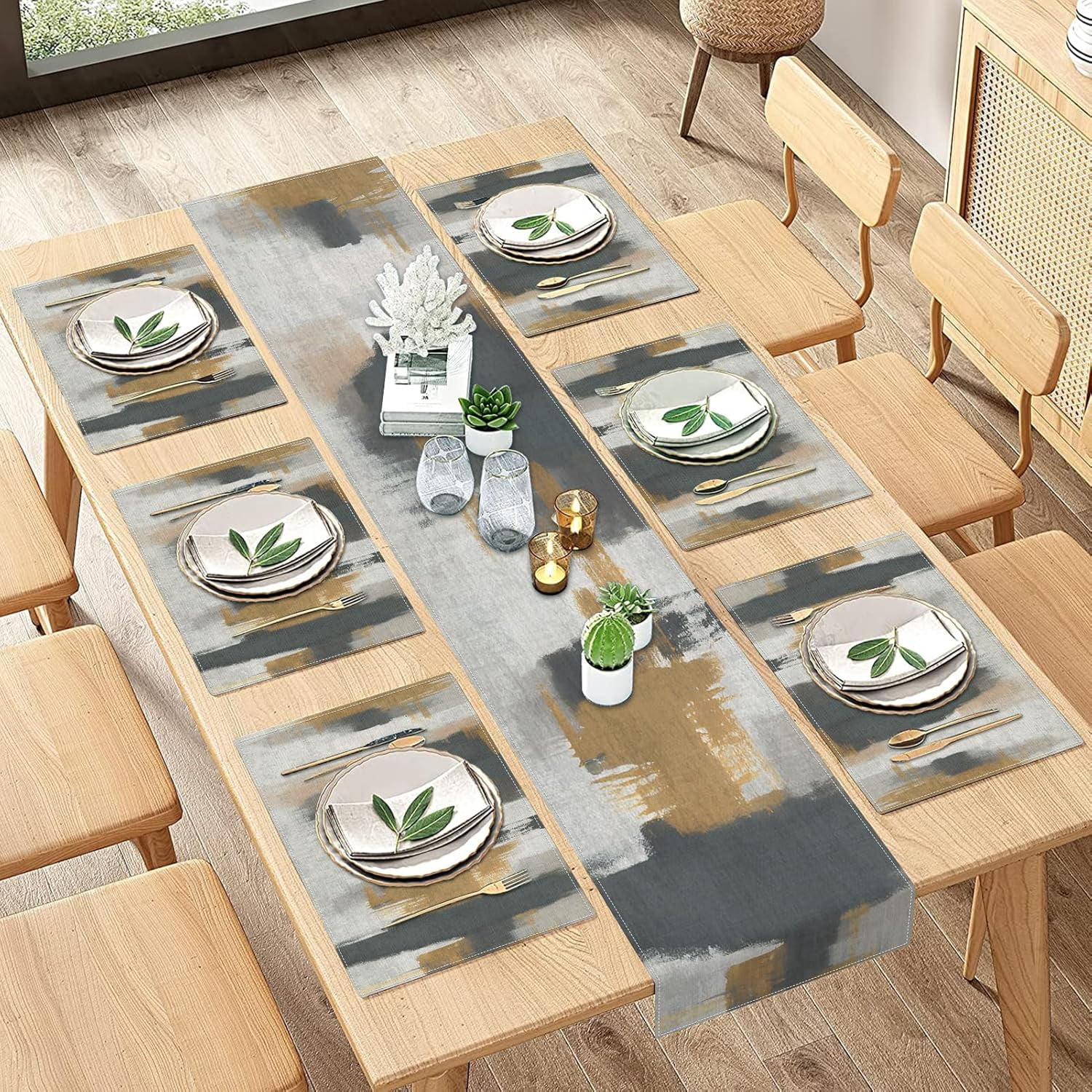 Vintage Grey Table Runner and Placemats Set of 6, Abstract Dark Gray Brown Decorations for Indoor Outdoor Dining Decor(1 Table Runner 72 inches Long and 6 Placemats)