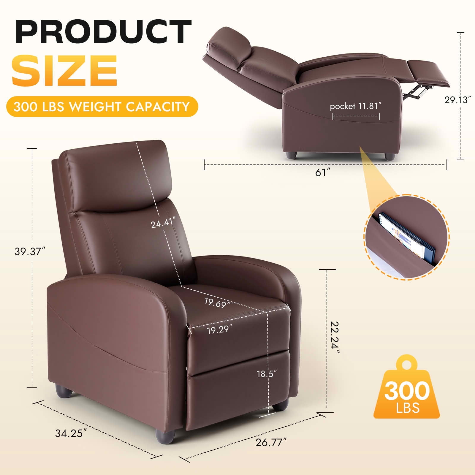 MAYEERTY Multi‑Angle Adjustable Reclining Sofa with Lumbar Support, High‑Density Foam Upholstered Recliner Chair with Adjustable Backrest for Living Room Home Cinema