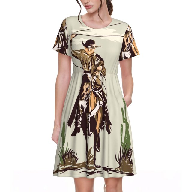 Easygdp Vintage Cowboy Riding Horse para Vestido Transpirable de Mujer, Vestido Suelto de Manga Corta con Pliegues y Bolsillos para el Verano