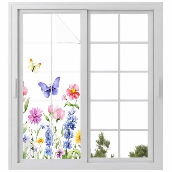 Purple Blue Pink Flower Window Privacy Film Wildflower Butterfly Plant Decorative Glass Window Film UV Blocking Static Cling Non-Adhesive Sticker Covering for Home Door 23.6 x 59 inches