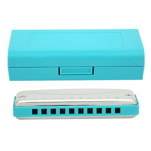 10 Holes Blues Harmonica in D-flat, Portable Musical Instrument for Beginners, Blue