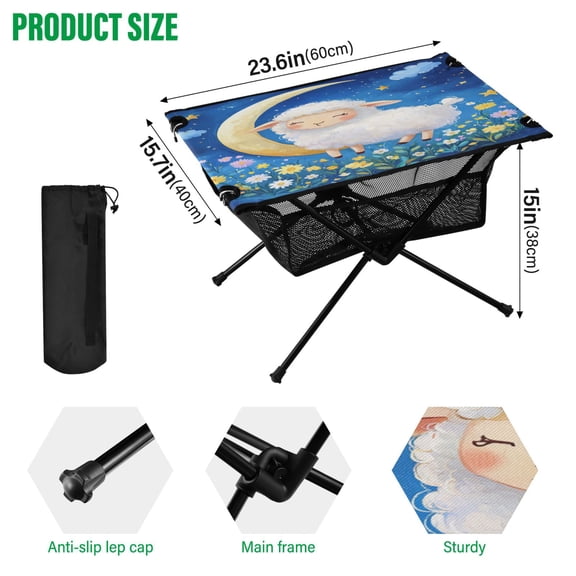 BZSMCE Camping Tables Simple Folding Table Sheep on A Crescent Moon Pattern Size:23.6*15.7in