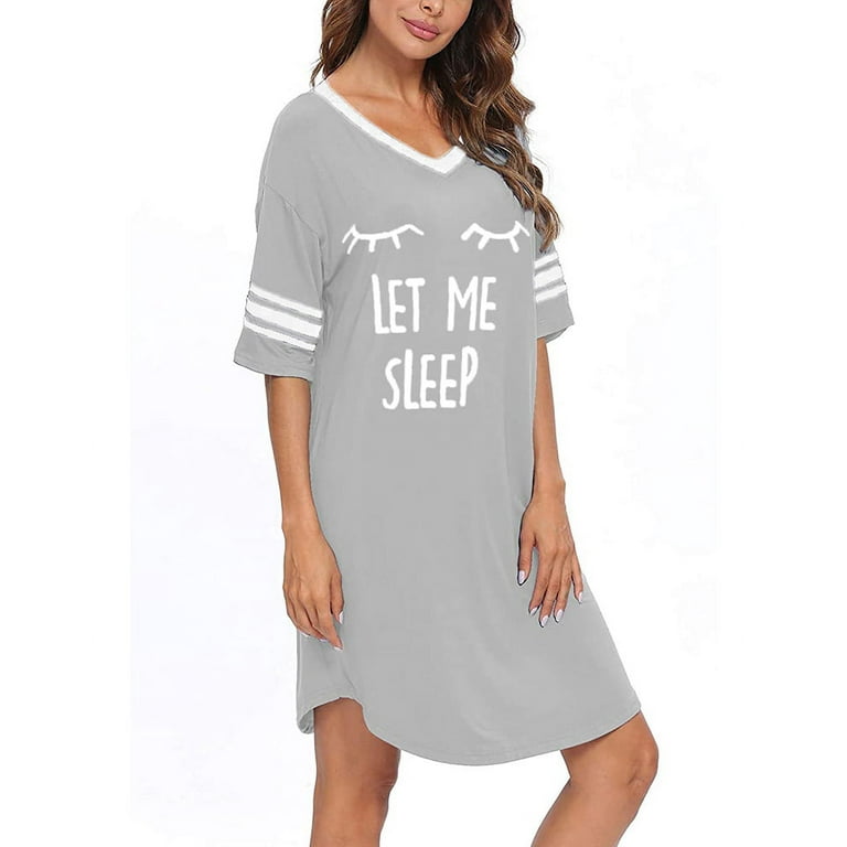 Remikst Women's Sleep Shirts Short Sleeve Cotton Sleep Wear Novelty Night  Shirts V Neck Oversized Nightgowns Pajamas Cute Printed Nightdress 