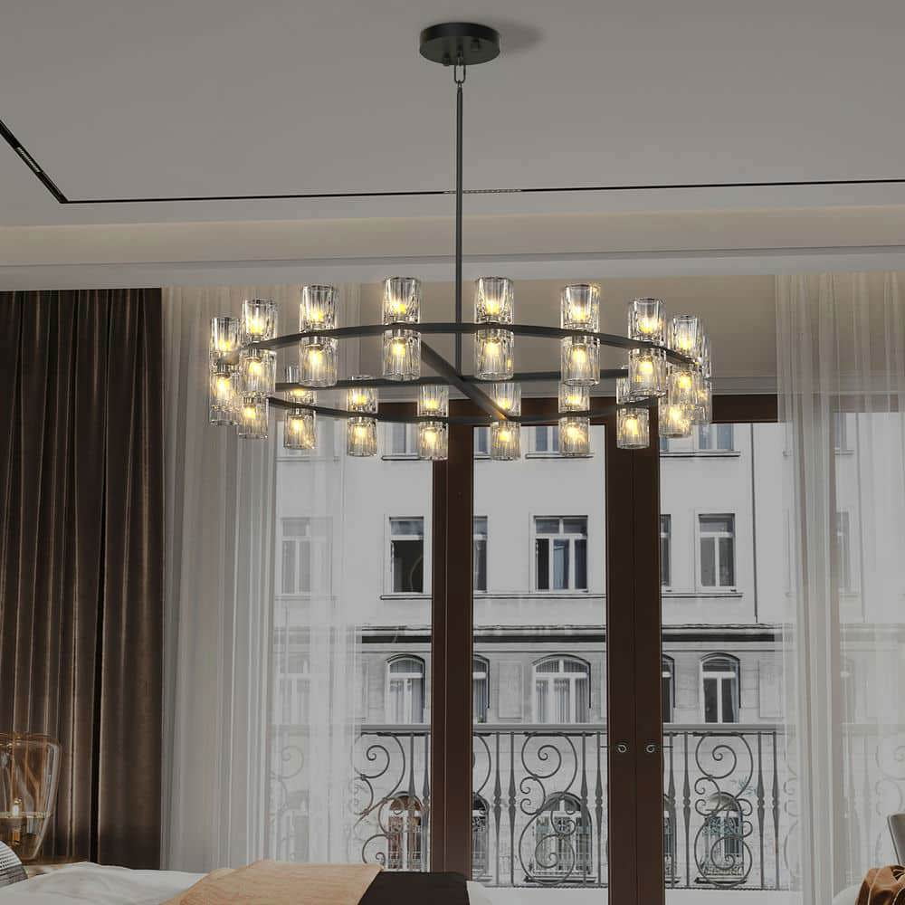 Spaco 36 Inches Luxury Chandeliers Crystal with Bulbs, Simple Decorative Lights, Modern LED Lighting for Indoor as Living Room, Dining Room, Black