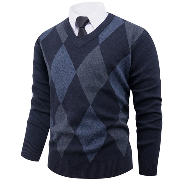 Blusas y camisas de manga larga con cuello en V para hombre, suéter de punto con cuello en V y manga larga con estampado a cuadros, jersey de poliéster para hombre