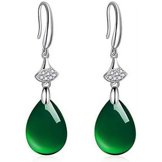 Pendientes de jade verde Calcedonia Gota de agua Pendientes de encanto Joyería de jadeíta tallada Joyería de lágrima verde esmeralda