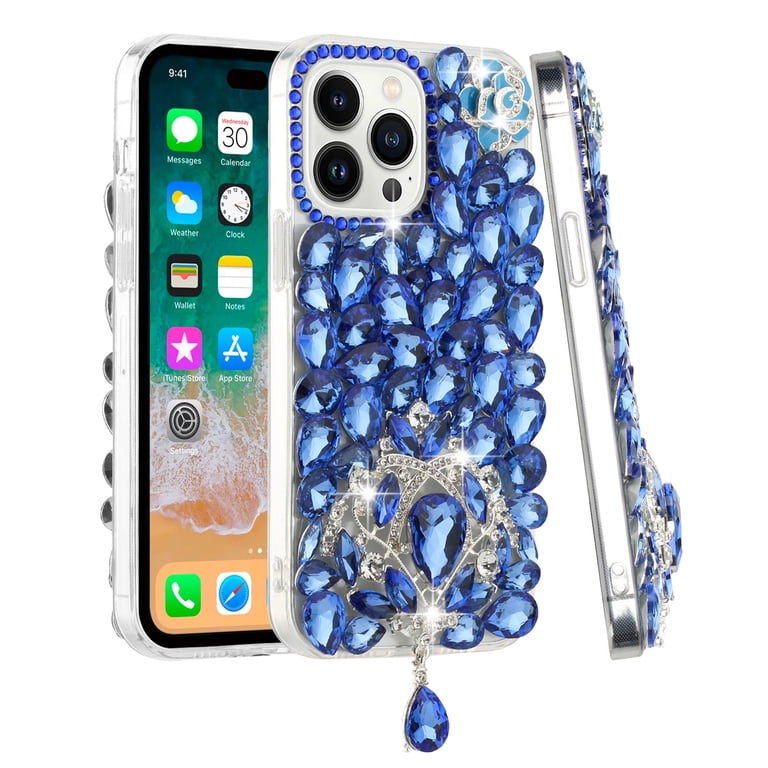 Designed for Apple iPhone 15 (6.1") Bling Crystal 3D Full Diamonds Jewelry  Luxury Sparkle Rhinestone Glitter Hybrid Protective Phone Case Cover [Blue]  - Walmart.com