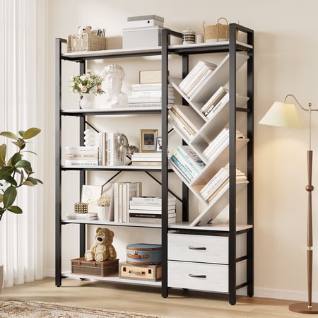 Vividwood 5-Tier Industrial Bookshelf with Tree Display Shelves and Fabric Drawers Metal Bookcase for Living Room or Home Office