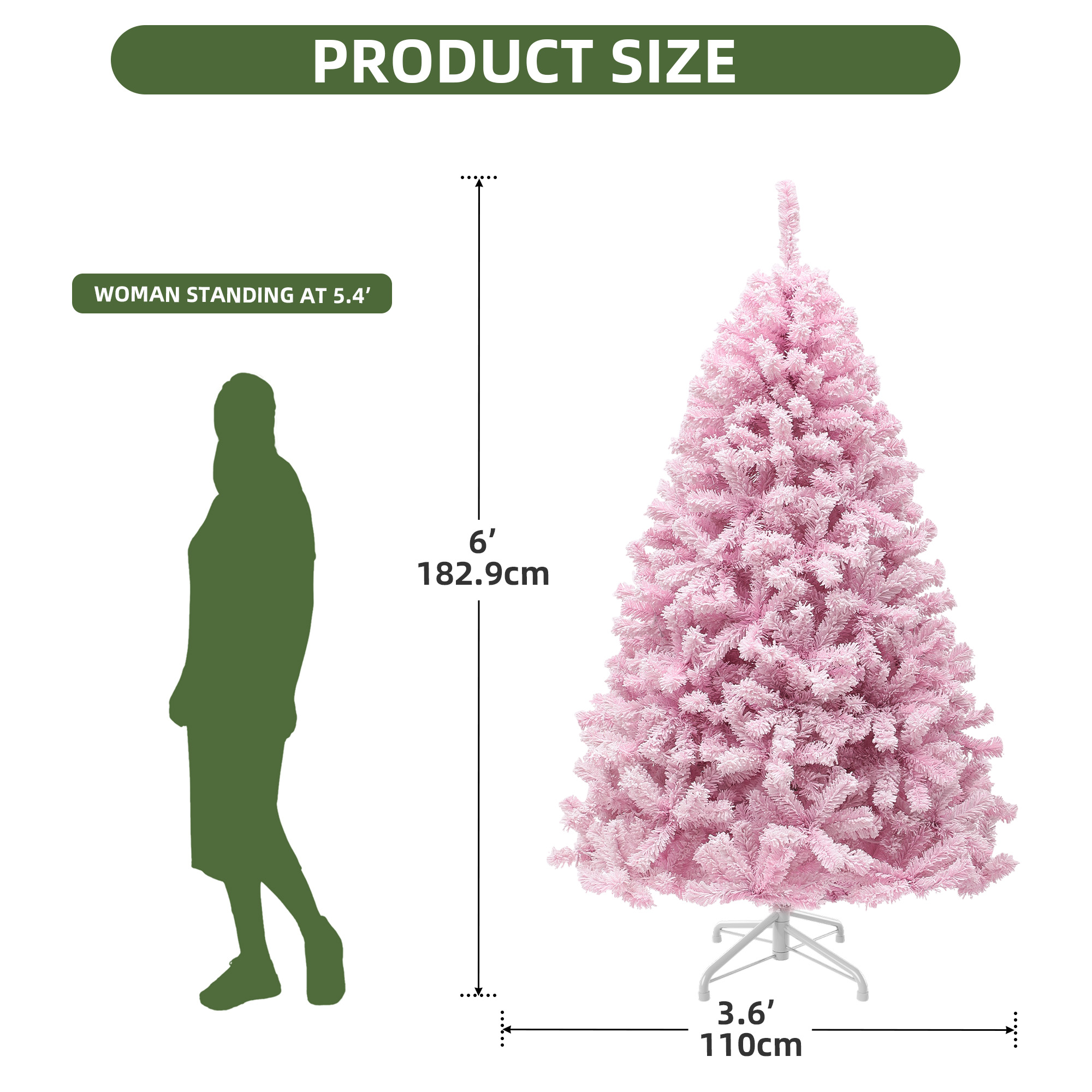 Uforic 6ft Pre-Lit Pink Artificial Christmas Tree, Flocked Spruce Artificial Christmas Tree with 928 PVC Tips and 250 Lights, Pink