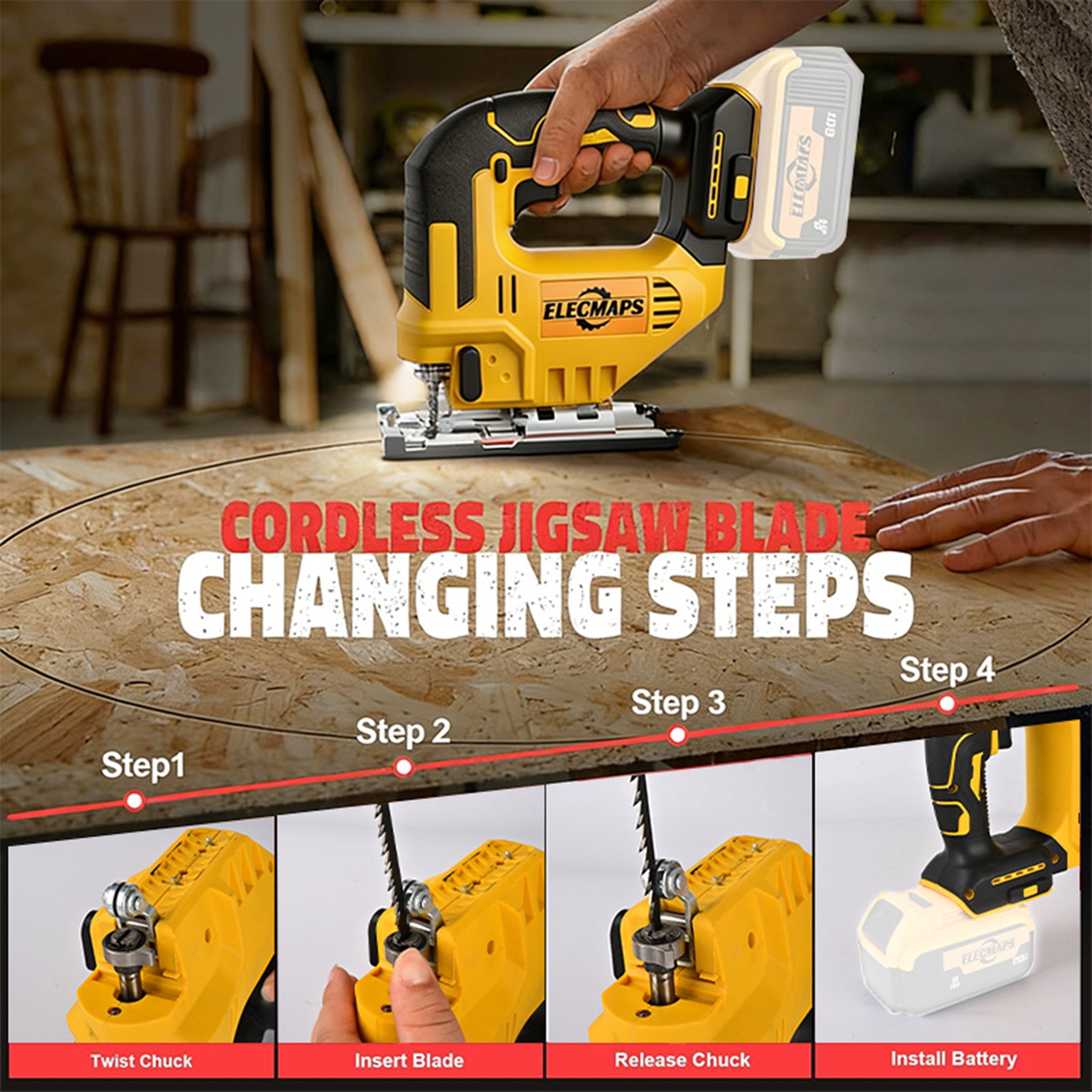 ELECMAPS 750W Cordless Jigsaw Power Saw 2700 SPM, Multi Tool Heads Included, For Wood Metal PVC Cutting, DIY Home Improvement & Professional Use, Compatible with Dewalt 20V Batteries (Tool Only)