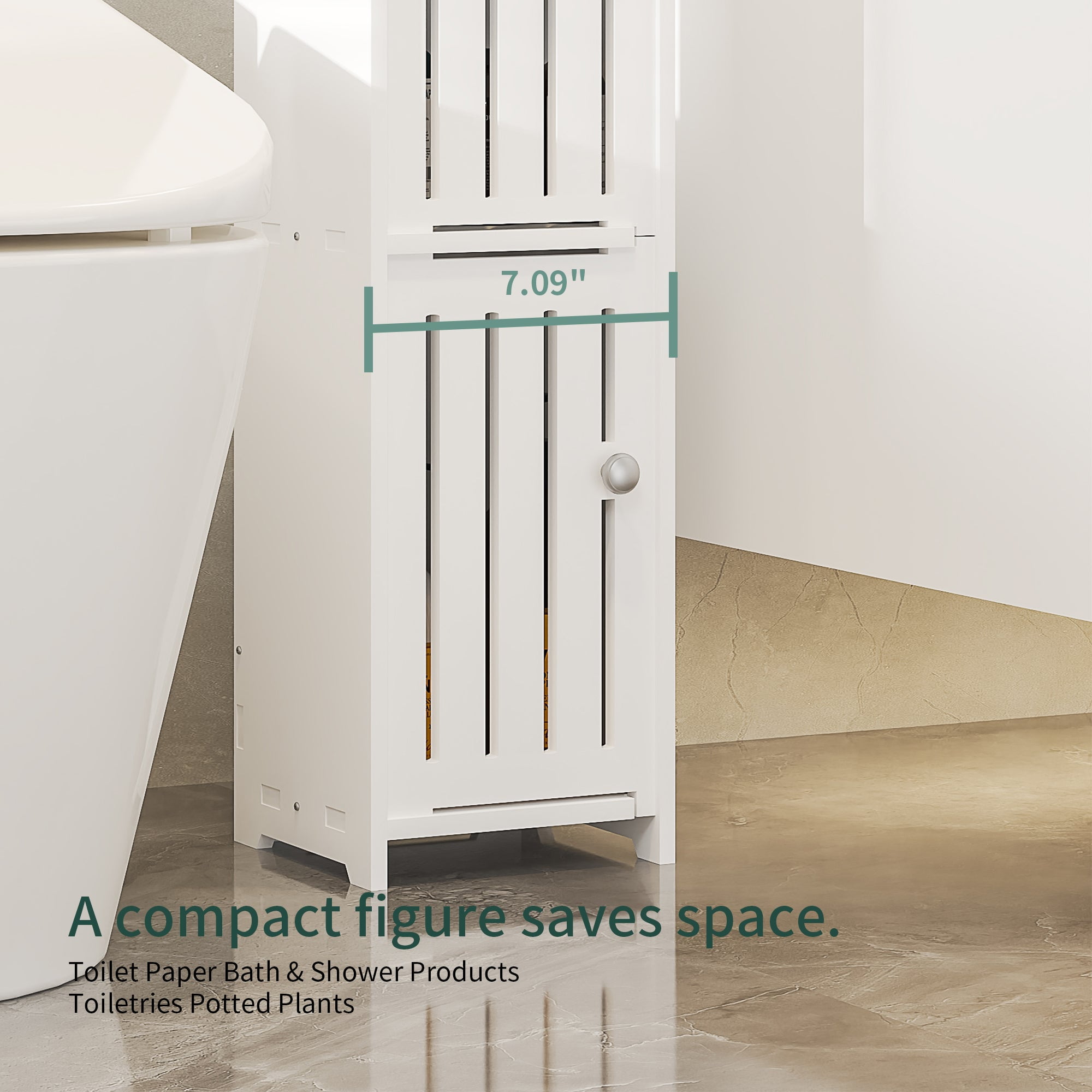 VECELO Small Bathroom Cabinet, Multi-layer Narrow Storage Cabinet with Door and Toilet Paper Holder, Corner Floor Cabinet for Small Spaces, White