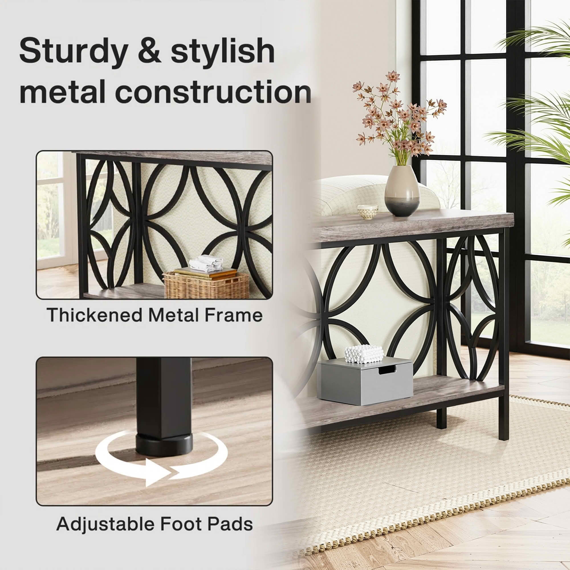 MAYEERTY 70.9" 2-Tier Industrial Console Table, Rustic Wood Top Black Metal Frame Sofa Table with Adjustable Floor Pads