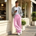 thumbnail image 6 of Men's Baggy Sweatpants Wide Leg Lounge Cotton Casual Jogging Pants With Pockets | High Waist Drawstring,Open Bottom,Workout Athletic Outfits Pink M, 6 of 7