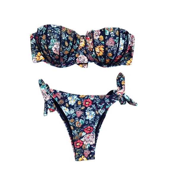 DOPI Fashion Women Sexy Floral Print Breast Pad Swimwear Split Bathing Swimsuit