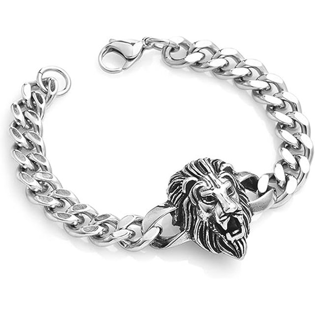 pulsera de cabeza de león para hombre, acero de titanio, plata, eslabón de cadena cubana gruesa — Vista frontal centrada de pulsera plateada con cadena cubana gruesa y cierre mosquetón; pieza central con cabeza de león en relieve y acabado pulido sobre fondo blanco. A menudo usada como accesorio de estilo hip hop o punk rock.
