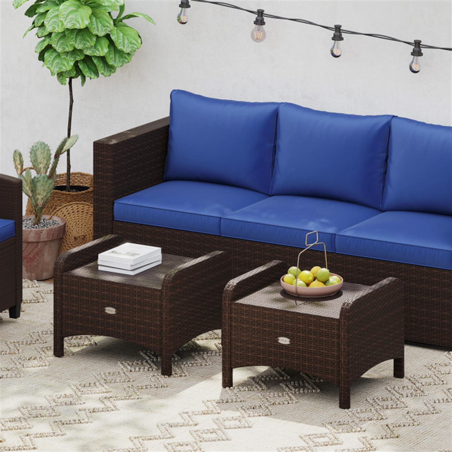 Demi Bonn 2 Pieces Outdoor Patio PE Wicker Ottomans with Removable Cushions for Yard, Pool or Backyard, Blue
