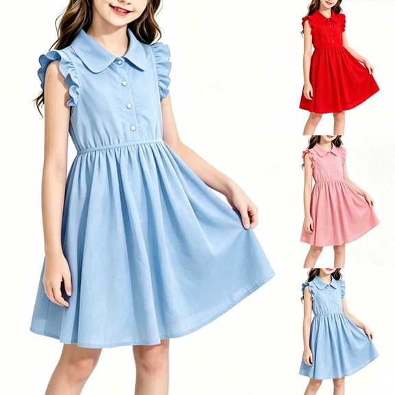 Auroural Toddler Girls Dresses Size 5T Girls' Summer Girls Ruffle Sleeveless Dress Collar Button Down A Line Sundress Casual Summer Dresses