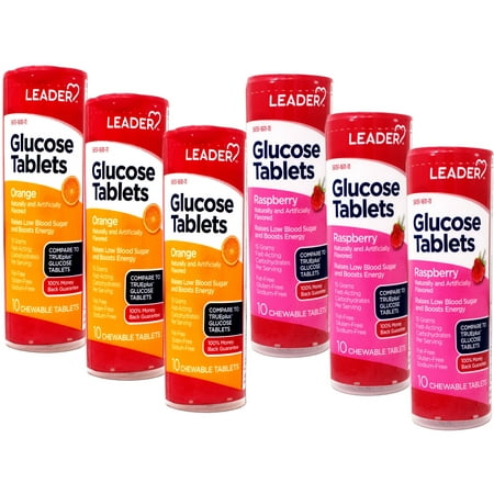 Leader Glucose Tablets, Fast Acting, On-The-Go, Raspberry and Orange Flavor, 6 x 10-Count Tubes