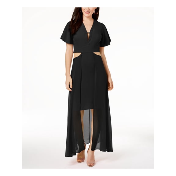 XOXO Womens Black Cutout Maxi Short Sleeve V Neck Above The Knee Sheath Cocktail Dress Juniors Size: S