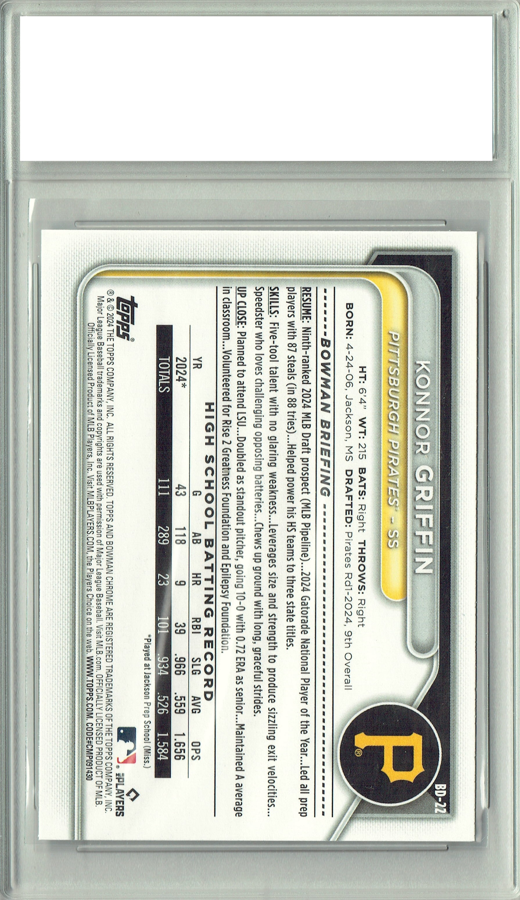 CM+ Konnor Griffin 2024 Bowman #BD-22 1st Bowman Rookie Card 