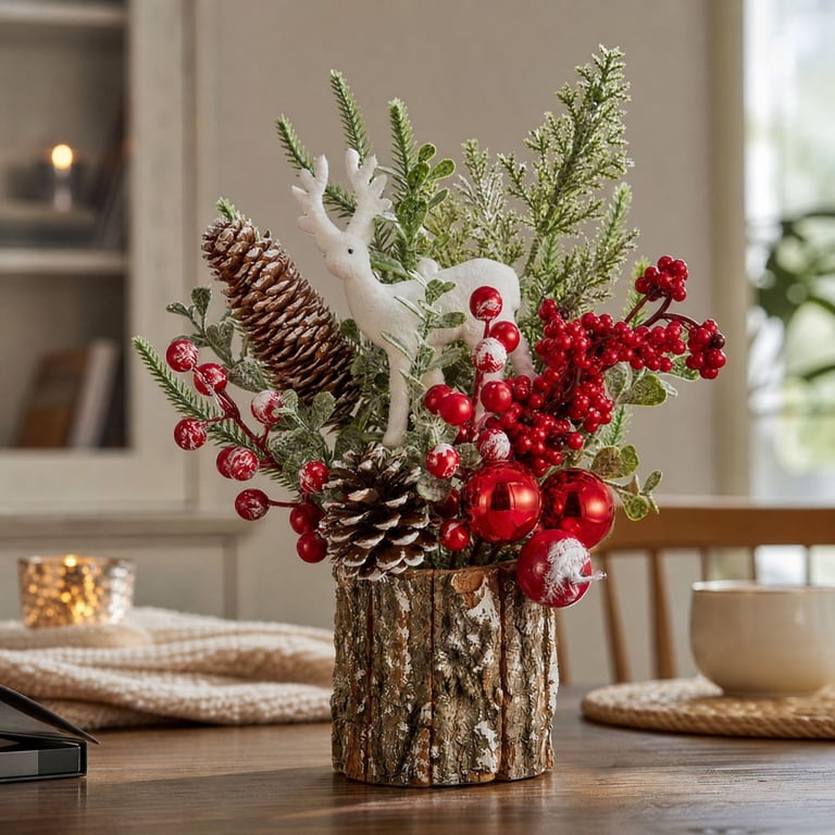 Wood Rustc Rustic Christmas Table Decor with Tree Stump Base and White Deer, Wood ...