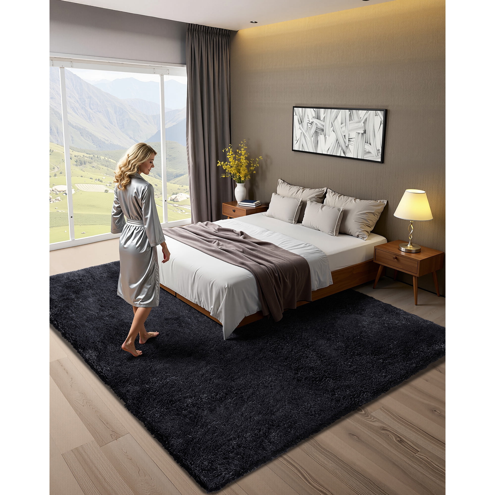 KFFKFF Indoor Plush Area Rugs, 8 x 10 ft Soft Shag Carpet, Furry Area Rugs for Living Room, Bedroom, Sunroom, Modern Home Decor, Non-Shedding, Non-Woven, Slip-Resistant, Black