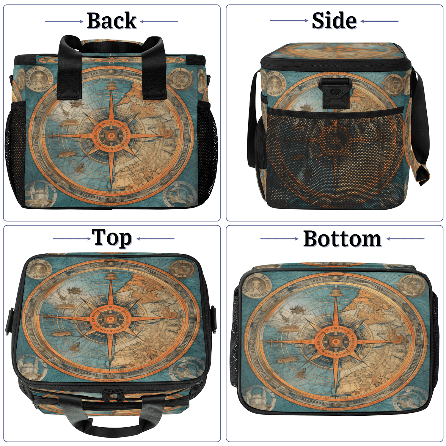 Herdesigns Nautical Ship Compass Large Lunch Box for Adults Women Men with Adjustable Shoulder Strap, Insulated Reusable Lunch Bag Leakproof Cooler Tote Bag