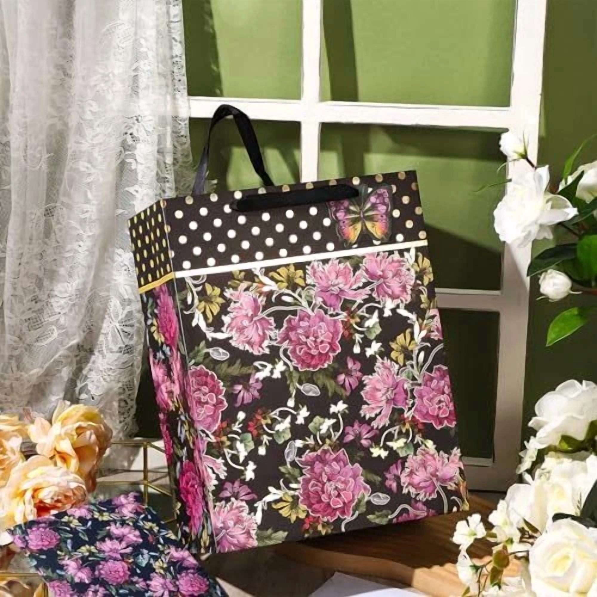 BUTTERFLY- Gift Bag And Foil Branch With Tissue Paper For Mother'S Day, Pink Flower