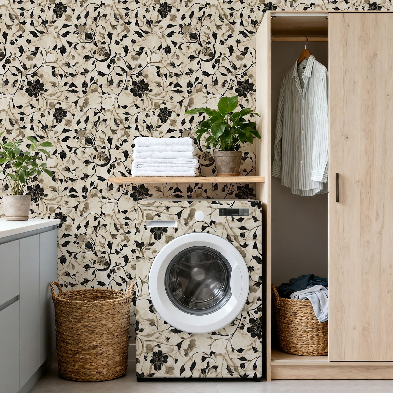 Peel and Stick Wallpaper Elegant Black White Floral Beige Wall Mural 17.7in x 9.8ft Self Adhesive Removable Wall Paper Renter Friendly Wallpaper for Nursery Bedroom Cabinets