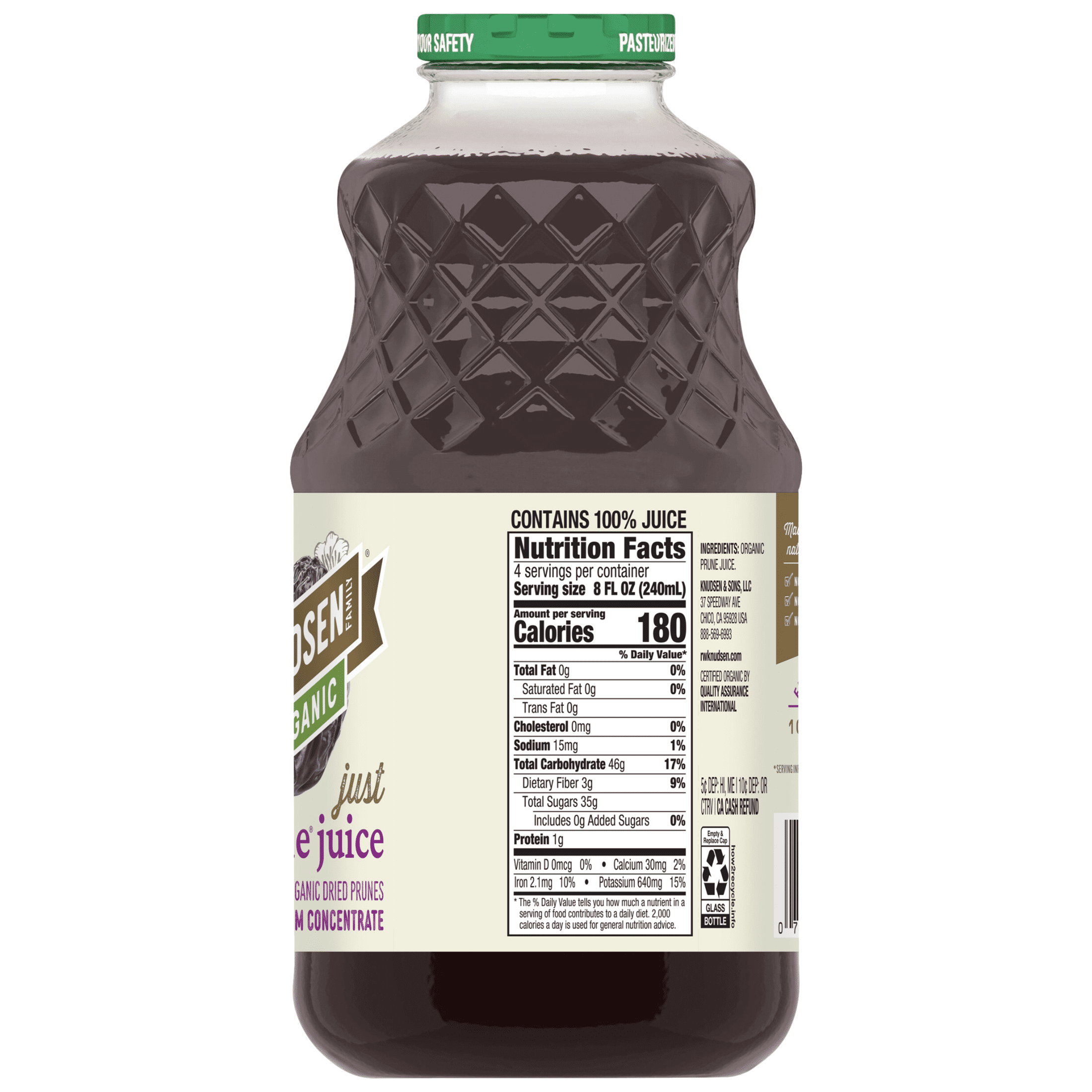 (3 pack) R.W. Knudsen Family Organic Just Prune Juice, 100% Juice, 32 oz, Glass Bottle, Shelf-Stable