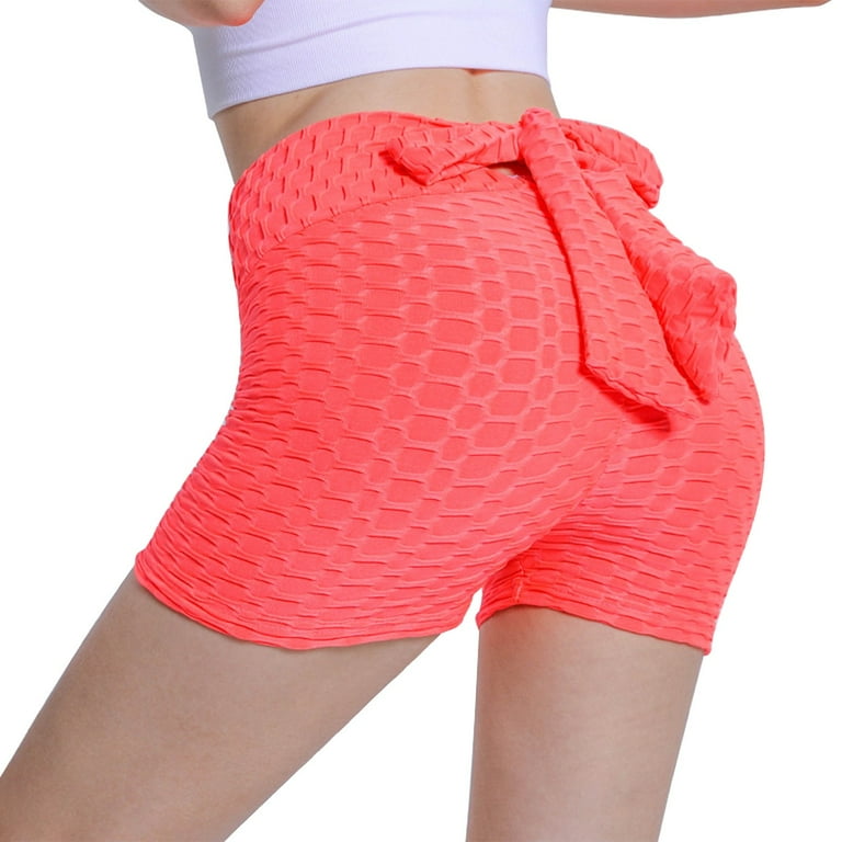 PMUYBHF Womens Shorts for Summer Ladies New Summer Honeycomb Fabric Bow Tie Belt Peach Tight Waist High Movement Yoga Shorts Workout Shorts Womens