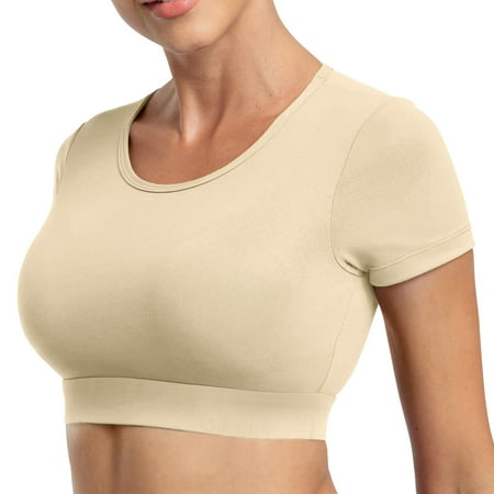 Xmarks Women s Open Back Crop Tops with Removable Pad Workout Backless Gym Shirt Bra Going Out T Shirt Top Short Sleeve Padded Workout T Shirt Top  S-2XL