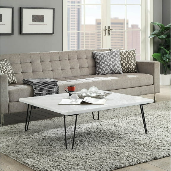 Benjara Marble Top Coffee Table with Hairpin Style Metal Legs, White and Black
