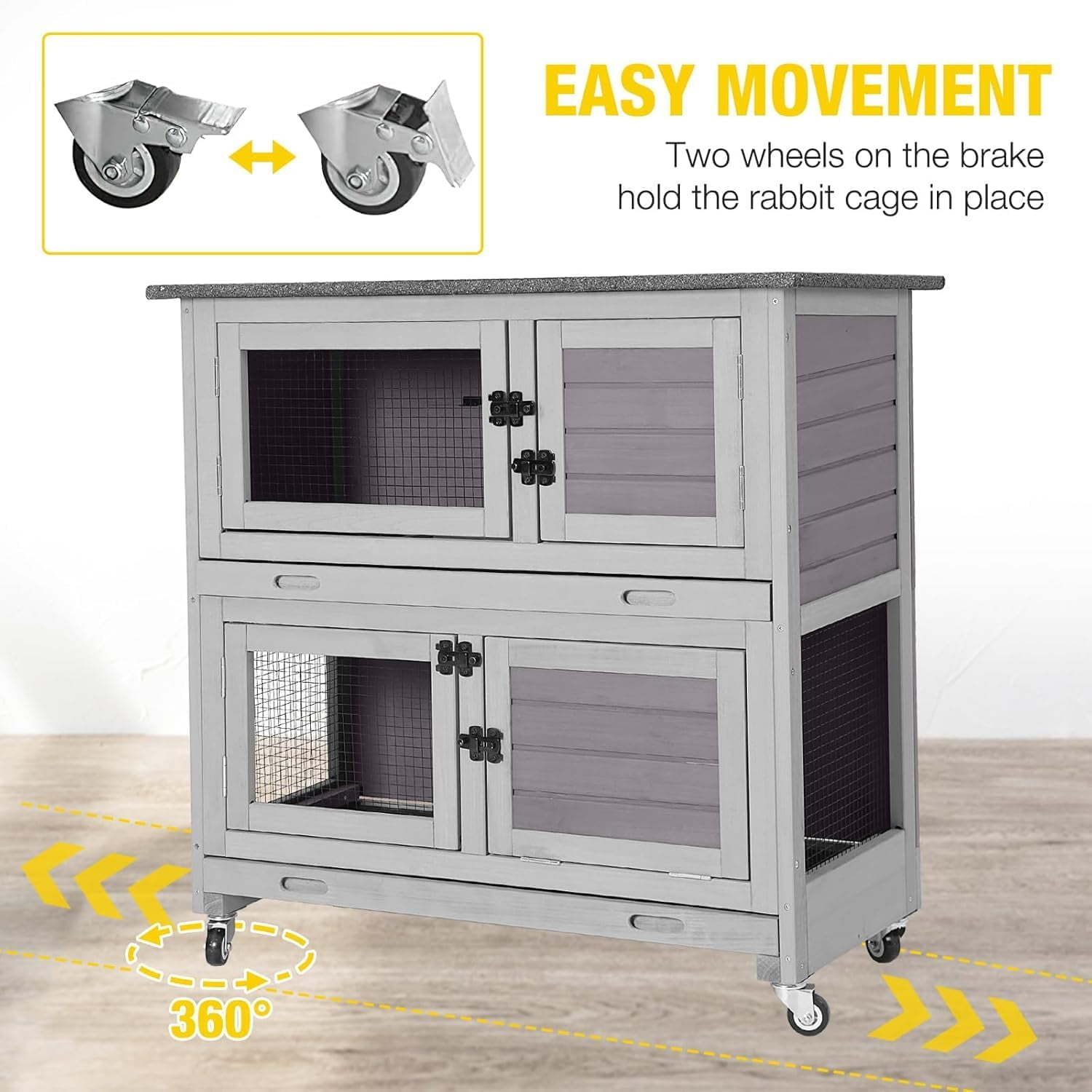 Aivituvin Rabbit Hutch Indoor Bunny Cage Outdoor 2 Story Pet House Guinea Pig Cage on Wheels 36" L