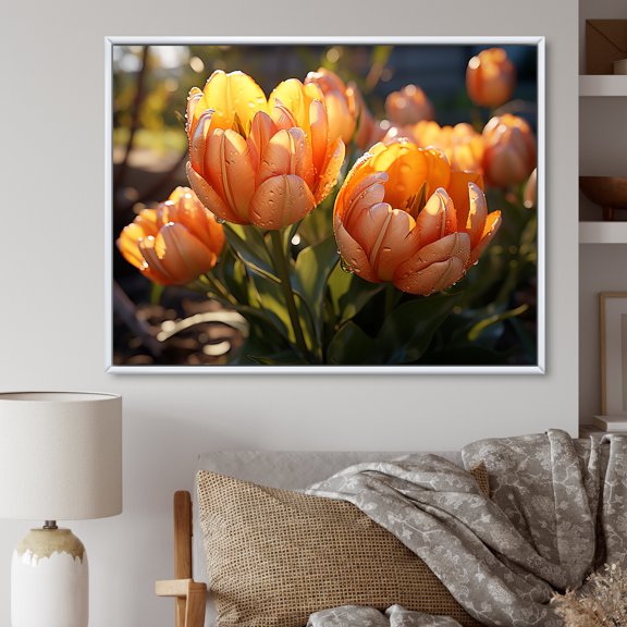 Designart "Vibrant Peach Tulips landscape" Floral Floater Framed Wall Art Print