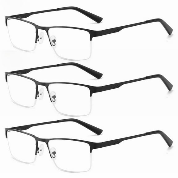 3 Pairs of Mens Metal Square Half Rimless Reading Glasses, Blue Light Blocking Classic Spring Hinges Oversized Black Readers 2.00