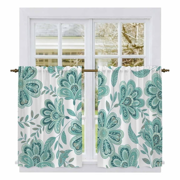 Turquoise Paisley Floral Tier Curtains, Boho Vintage Ethnic Flowers Light Filtering Kitchen Curtains, 2Pcs Rod Pocket Half Window Treatments Panels for Sink Cafe Cabinet Basement 27.5x45 Inches