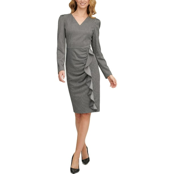 Calvin Klein Womens Petites Ruffled V Neck Cocktail and Party Dress B/W